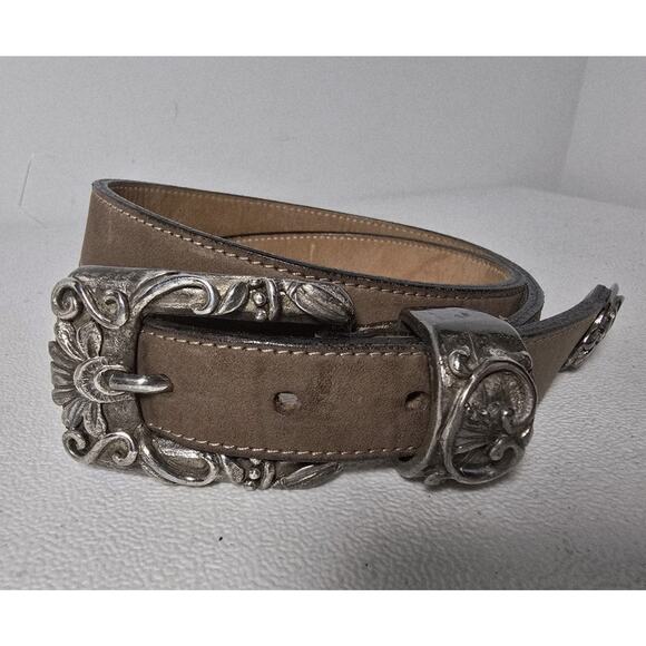 STREETS AHEAD NuBuck Leather Belt Brown Western NBEL Silverplated Buckle Sz M - Picture 1 of 11